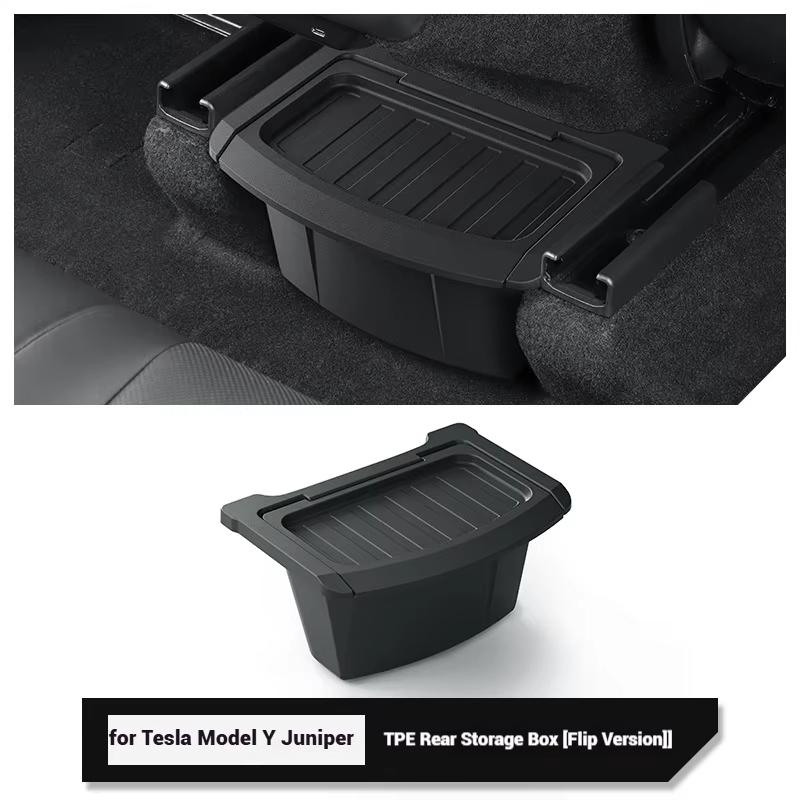 For Tesla Model Y Juniper 2025+ Rear Seat Organizer, TPE Behind Center Console Storage Box - Durable Waterproof Bin