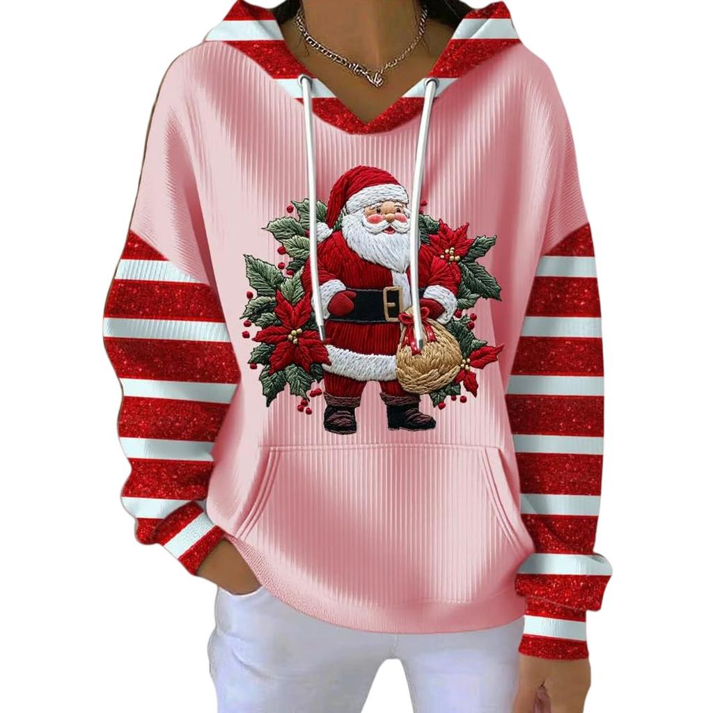 Women's Loose And Comfortable Drawstring V-neck Long Sleeved Christmas Print Hoodie