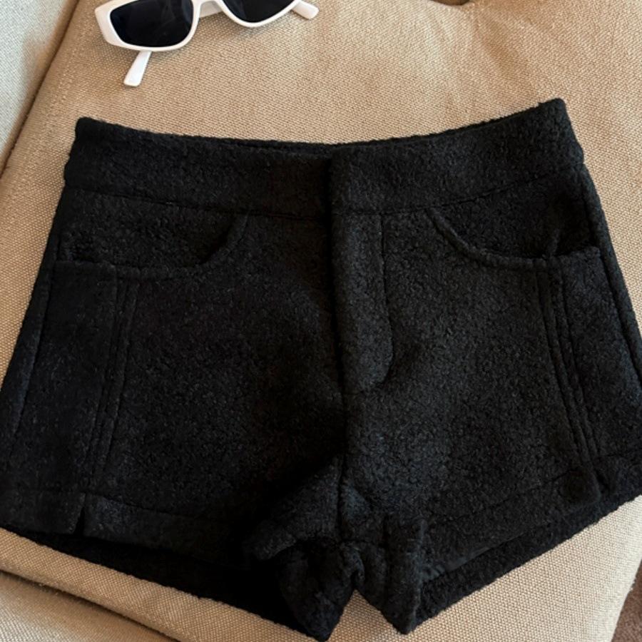 Women s High-Waisted Wool Shorts: Simple, White, Thickened, Slimming, Autumn/Winter Style for Petite Figures L чёрный