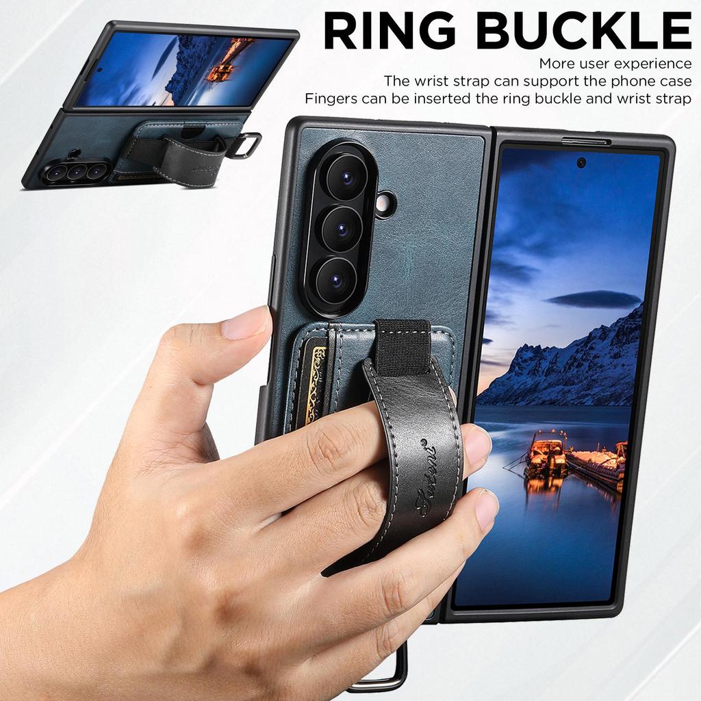 SUTENI Oil Wax Texture Leather Case for Samsung Z Fold 7/6/5 with Wrist Strap, Card Slot, and Stand