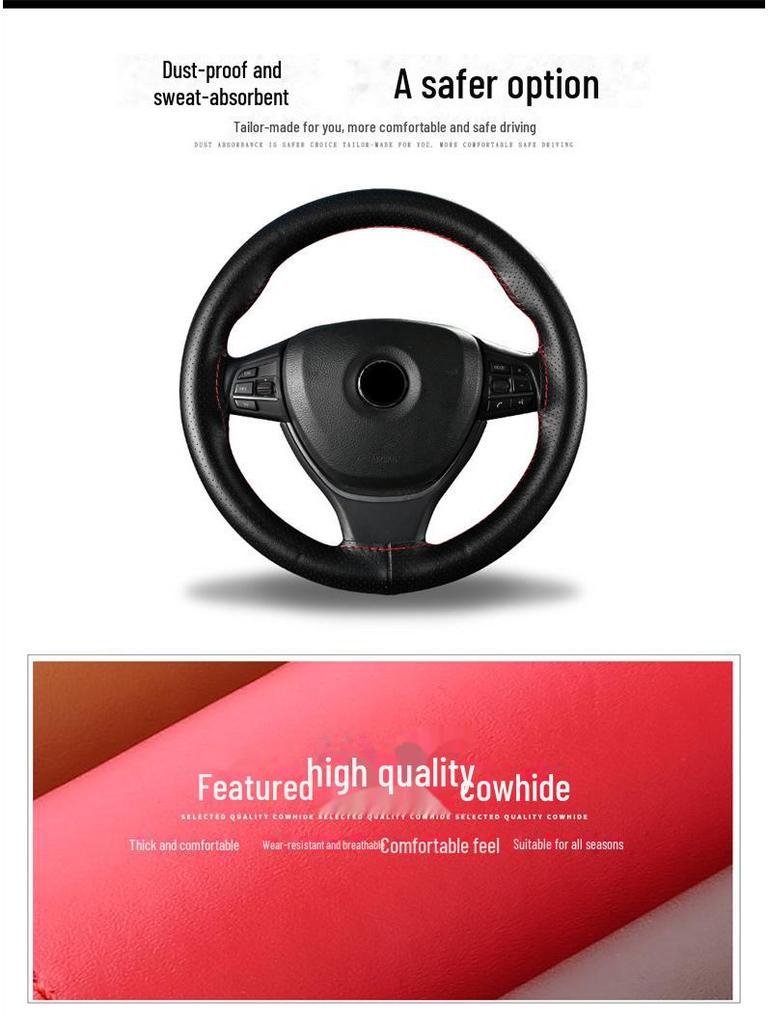 Genuine Cowhide Leather Steering Wheel Cover, Universal Hand-Sewn Design, All-Season Use, New Style