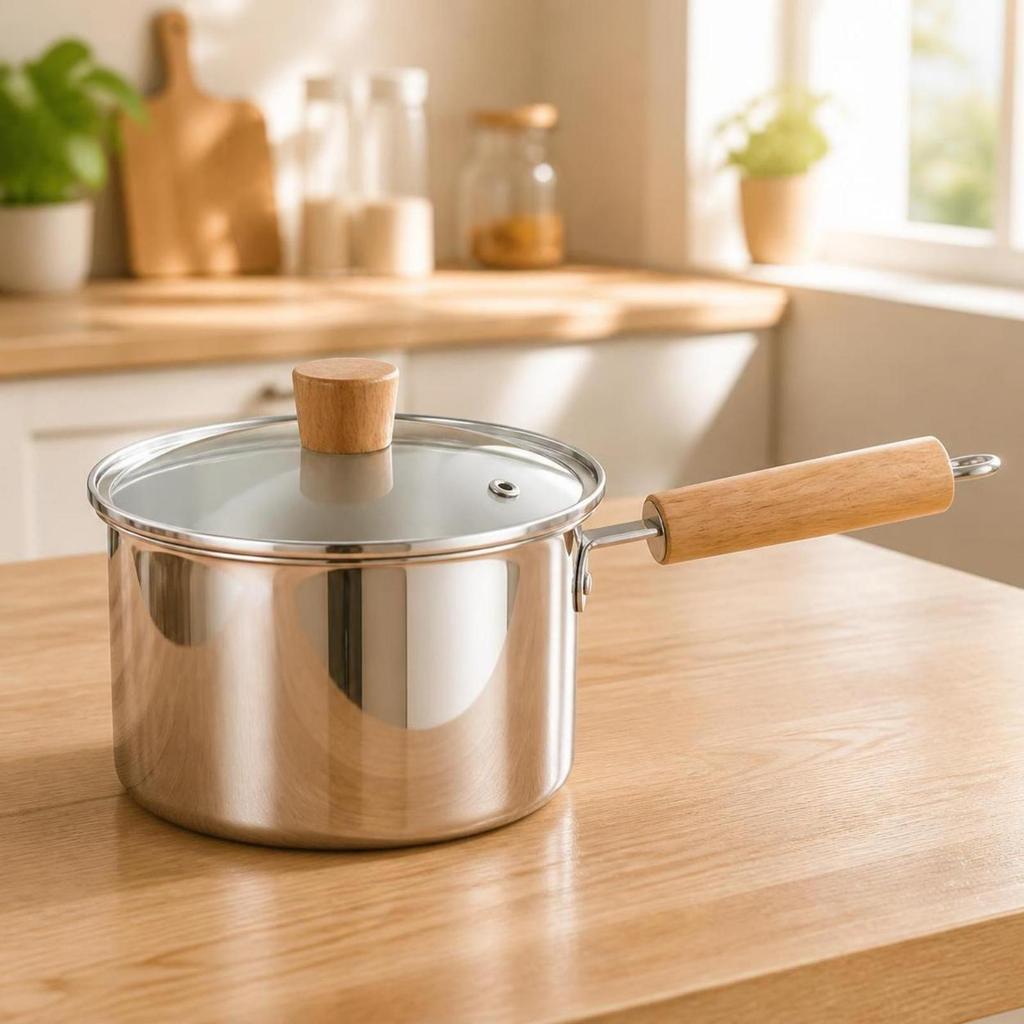 Saucepan with Glass Lid Heat-Resistant Milk Pan Wooden Handle Easy To Clean