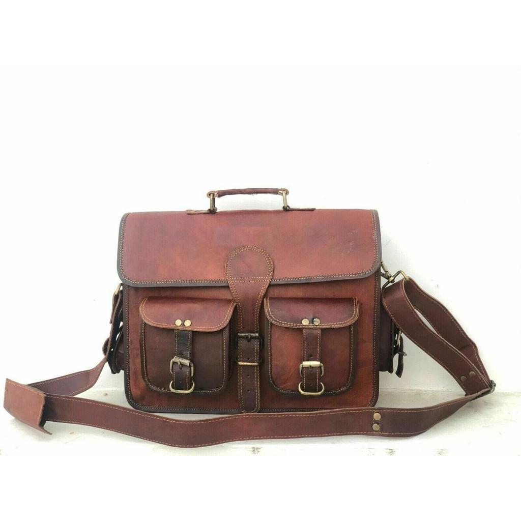 Goat Leather Bag Laptop Brown Messenger Genuine Vintage Satchel Men's Real New