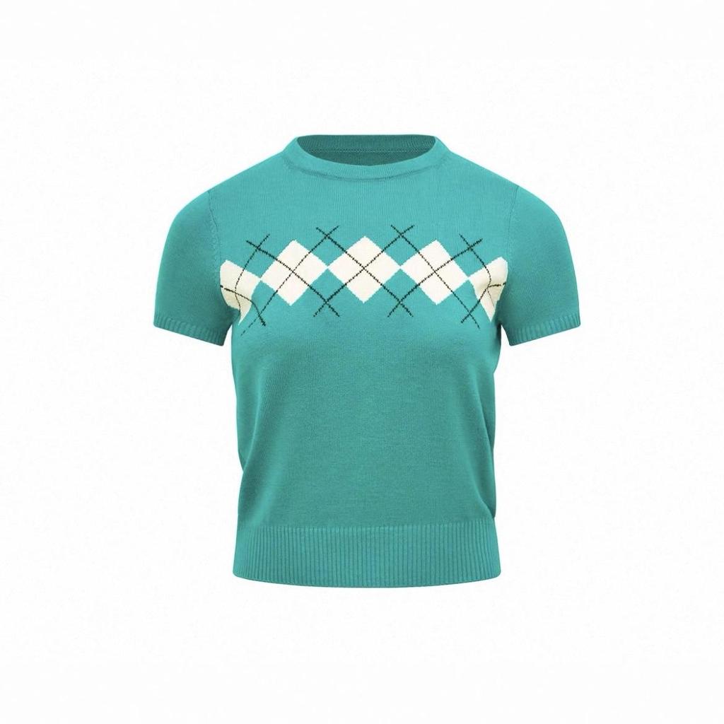 Diamond Pattern Color-Block Short-Sleeve Knit Sweater