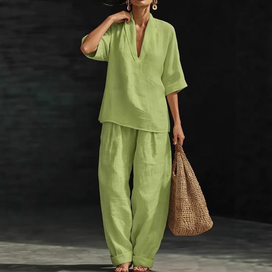 Completi Estivi da Relax a 2 Pezzi per Donna con Scollo a V, Manica Corta e Pantaloni a Gamba Larga, Set Casual per Viaggi e Vacanze