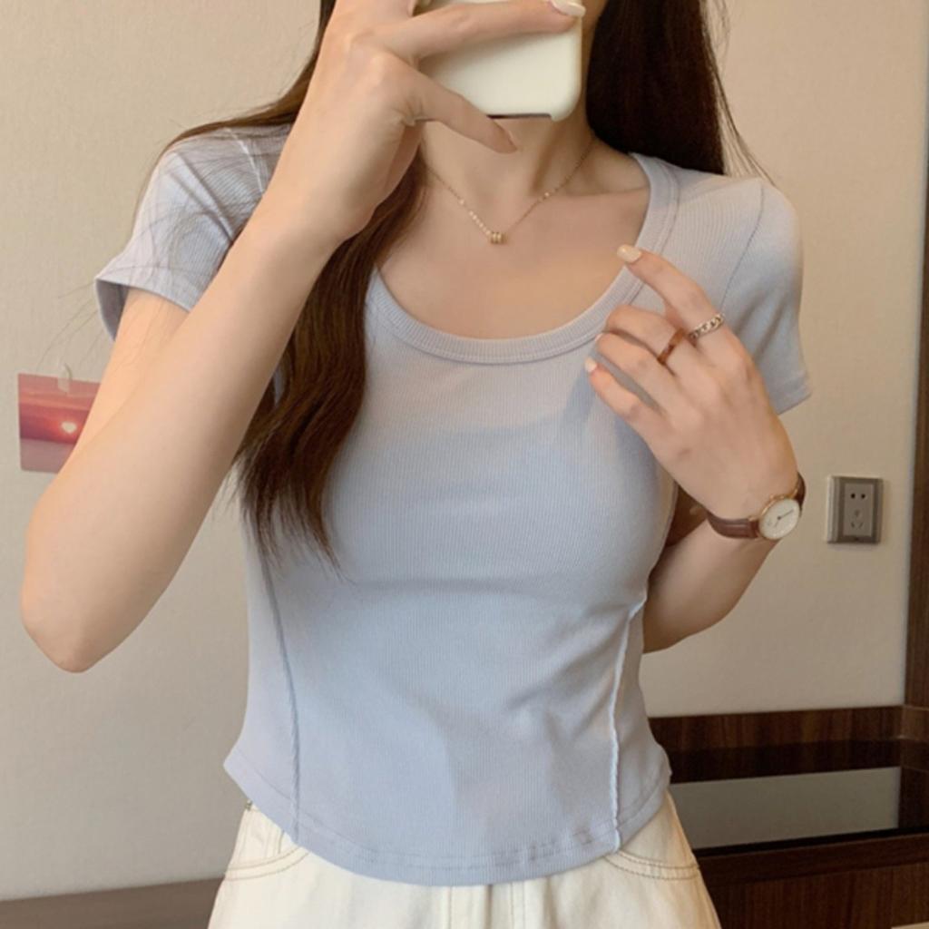 Irregular u-neck short-sleeved t-shirt women's new Korean version slim-fitting high-waisted and thin short student solid-color top trendy