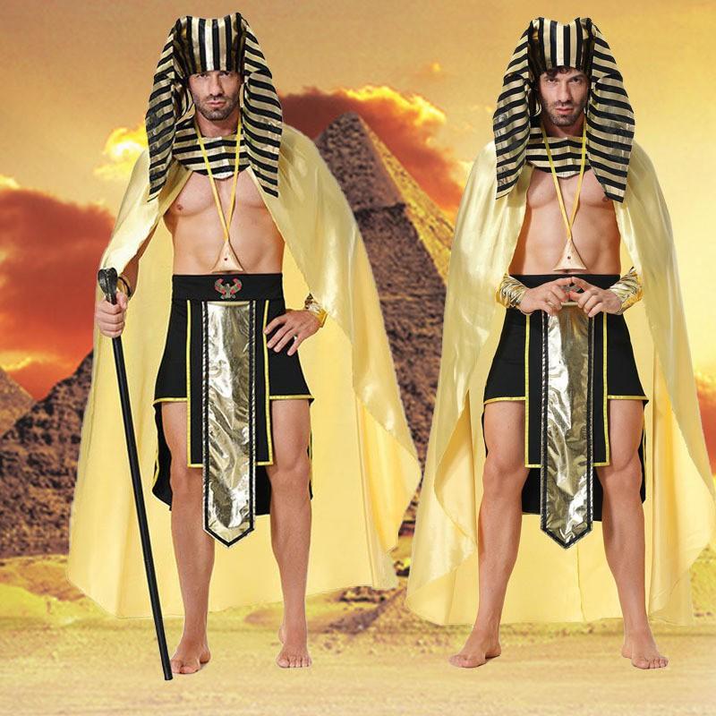 Egyptian Pharaoh Costume Men Halloween Cosplay Outfit With Headdress Cape Skirt Armlets Pendant