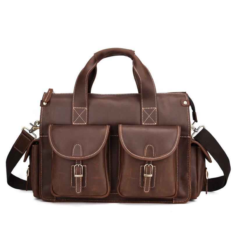 Top Grade Quality Laptop Briefcase Crazy Horse Genuine Leather Laptop Bags Notebook PC Shoulder Bag For Business Man Vintage