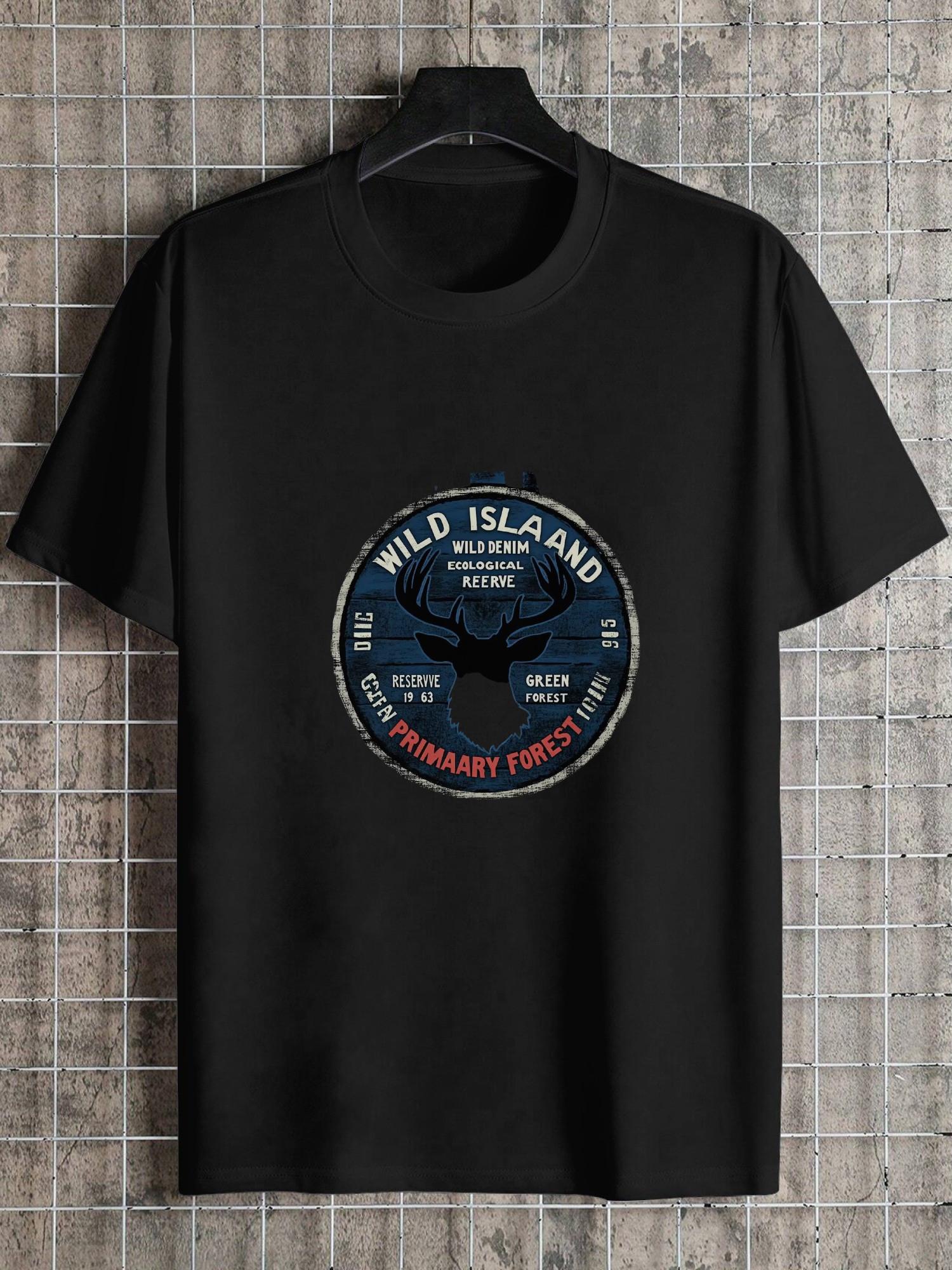 1pc 180g Cotton T-shirt - Black Deer Silhouette & Wild Island Graphic Print L