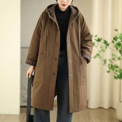 Casacos Femininos Vintage com Capuz Quentes de Inverno com Botões e Manga Comprida