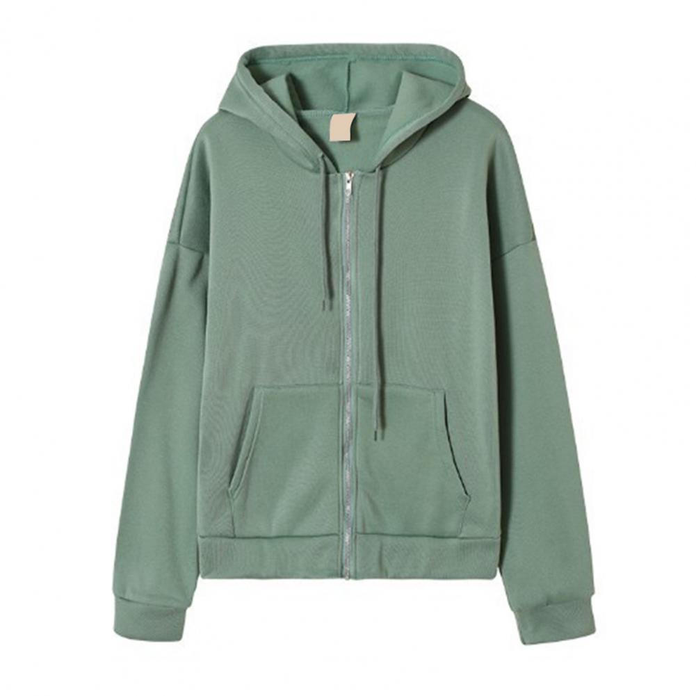 Ladies Fall Winter Coat Solid Color Loose Zip Up Pockets Long Sleeve Drawstring Hooded Elastic Cuff Lady Hoodie Jacket