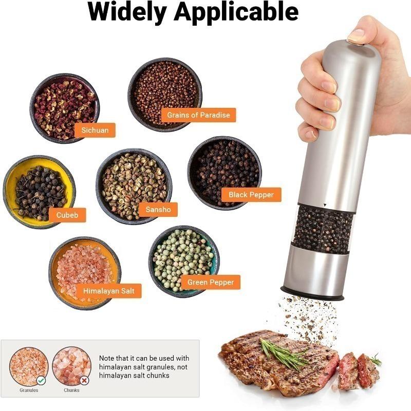 Nerezový mlýnek na pepř a sůl na baterie se světlem - Jednoruční tlačítkový šejkr na koření sůl a pepř