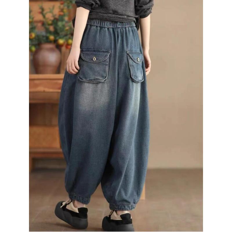 Dámské Harlan džíny Volné lampionové kalhoty Nové Elastické S vysokým pasem Kapsy Stahovací šňůrka Řepové Jednobarevné Minimalistické Ležérní Džíny