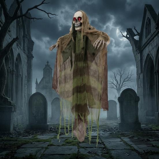 Decorazioni fantasma da appendere per Halloween Decorazione animatronica, Falciatore attivato dal suono con LED Mani di morto realistiche Occhi luminosi