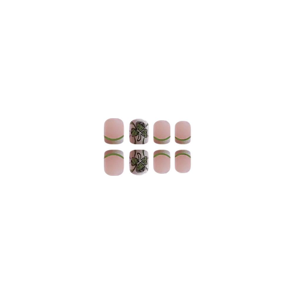 24pcs Press On Nails Short Square Wear Nails St. Patrick's White Border Clover Cross-Border Manicure Nail Stickers Removable Nail Stickers