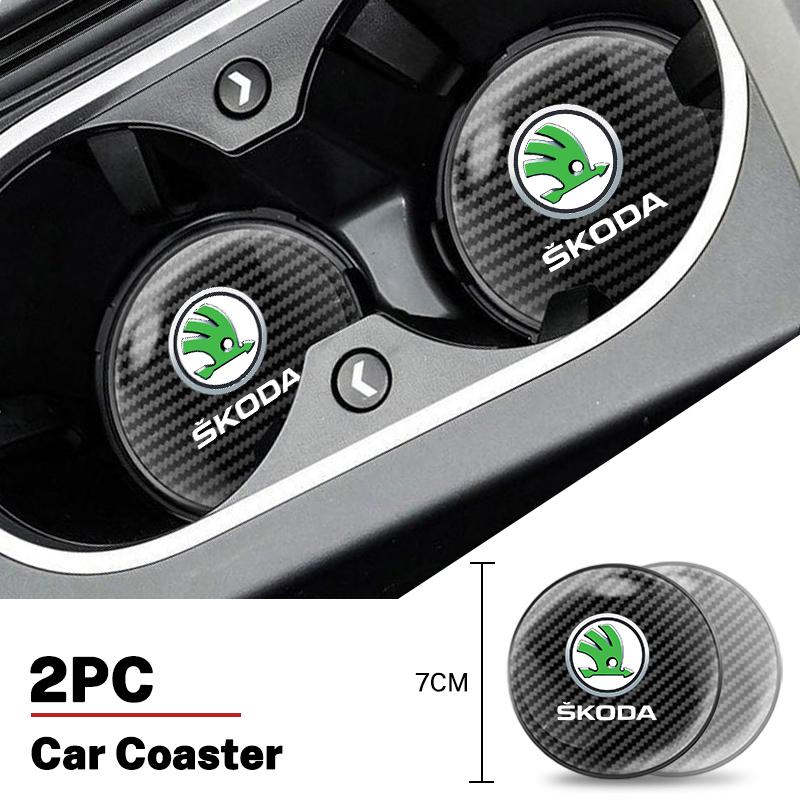 2Pcs Car Coaster Anti-Slip Water Cup Slot Pad Mat For Skoda Octavia Superb TY26 Rapid Kodiaq Kamiq Vision RS Yeti Karoq Fabia Enyaq