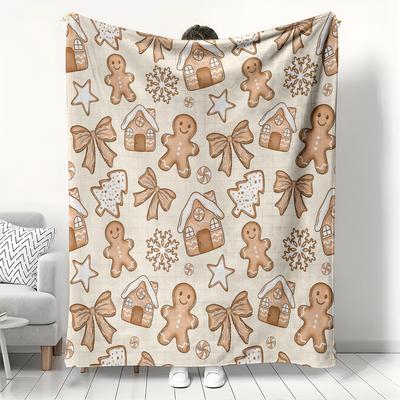 Christmas Gingerbread Man & Cookie Pattern Fleece Blanket Cozy Throw Blanket for Couch Bed Blanket with Gingerbreadfor Home Gift
