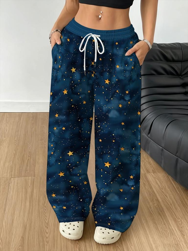 Women's Fashion Casual Wide-leg Trousers Dark Blue Smudged Starry Sky Gold Star Print Loose and Versatile Sweatpants