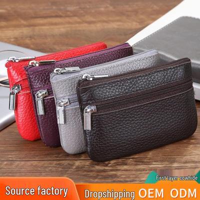 Korean Style Top Grain Cowhide Zipper Coin Purse and Key Pouch