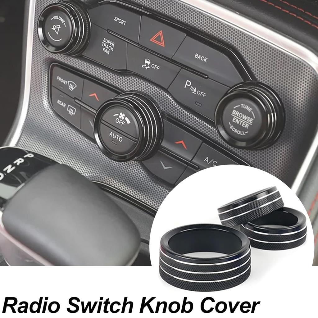 Knob Covers for Dodge Challenger/Charger/Chrysler 300/300s (2015-2021) & Ram (2013-2018) - Aluminum, Black, Rotary, 3 Count, Manual, Surface Mount