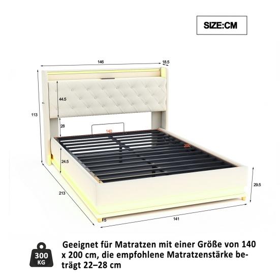 LED Polsterbett 140x200cm mit USB-Ladeanschluss und hydraulischem Stauraum, hautfreundlicher Leinenstoff Grau