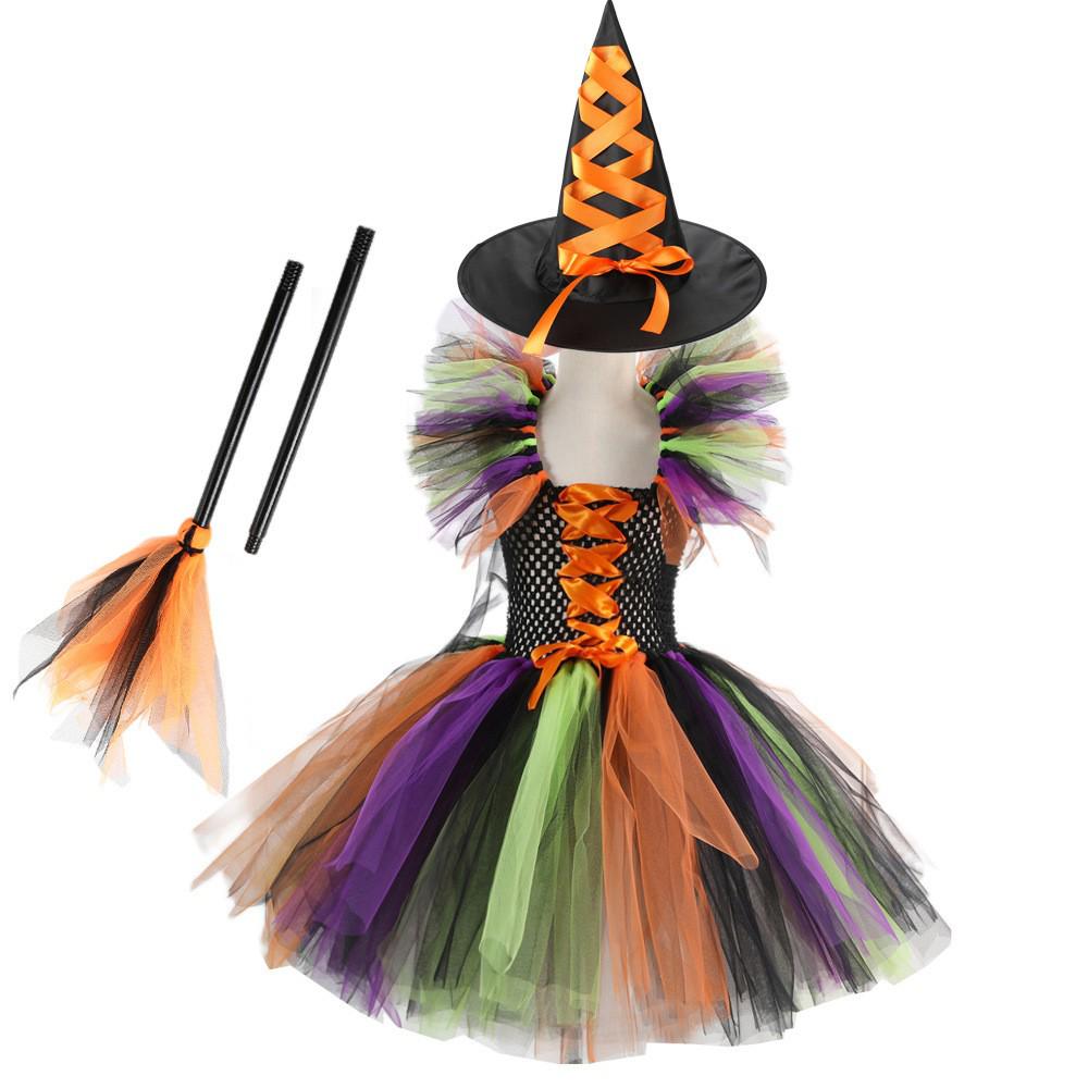 Tutu Dress Witch Costume Set for Kids with Hat and Broom - Halloween and Cosplay Outfit