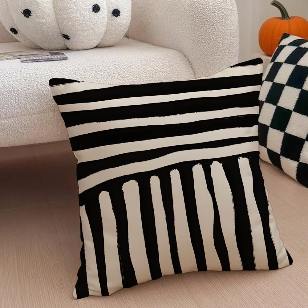 Black And White Striped Geometric Rectangle Art Cushion Cover Throw Pillow Cover Hidden Button Durable Polyester Chair Cushion