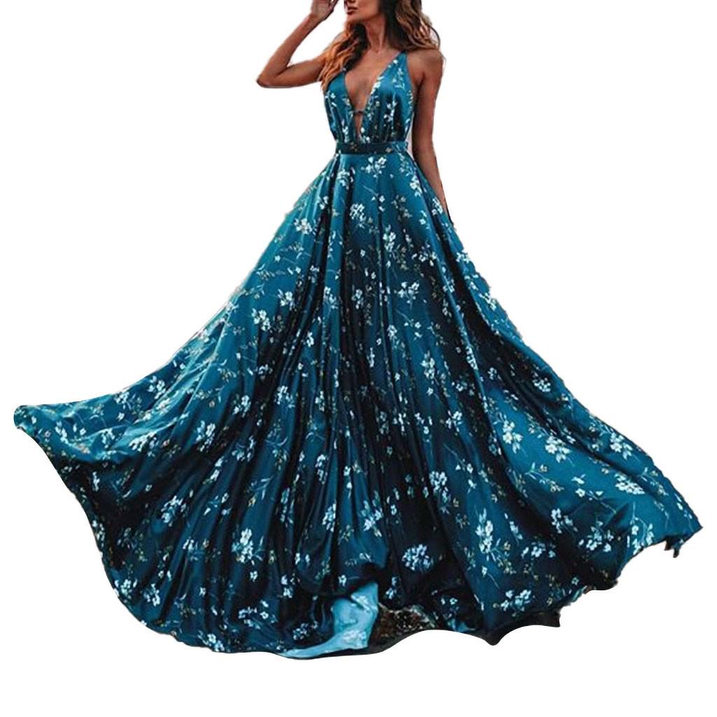 

(SU)Женское сексуальное вечернее платье без рукавов с v-образным вырезом и цветочным принтом, длинное пляжное платье L синий