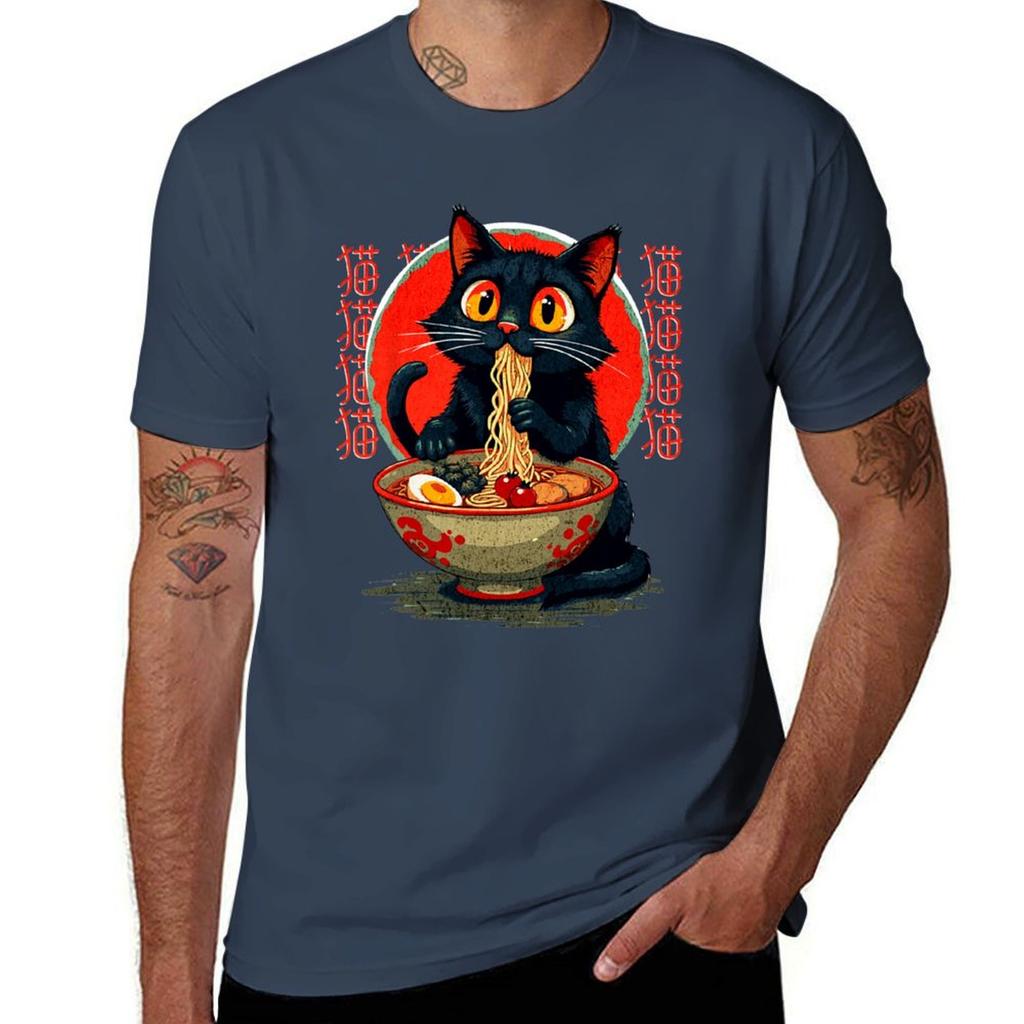Cute Cat Eating Raunisex Funny For Anime Lovers Japanese Noodles Vintage Gift Tshirt Plus Size Workout Short Sleeve Top Tshirt