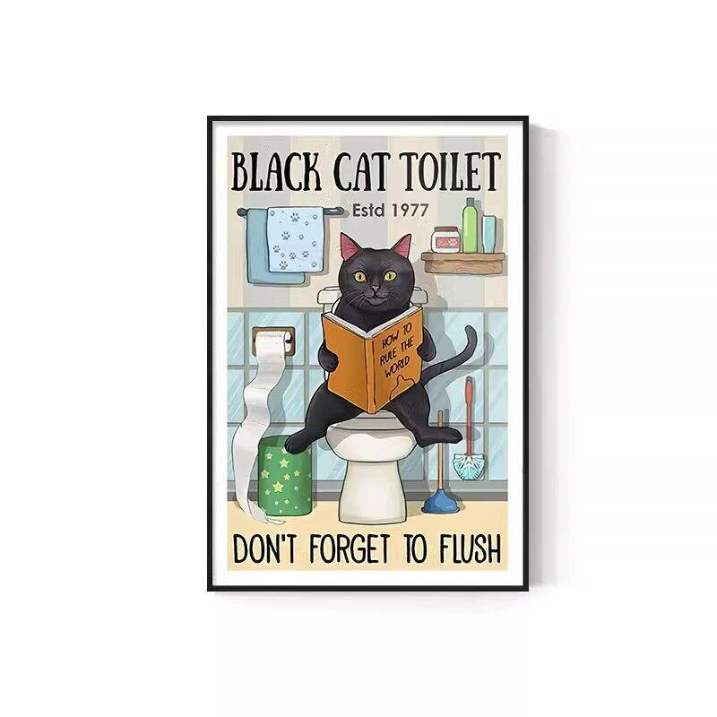 Retro Kitten Cartoon Canvas Painting Bathroom Toilet Poster Toilet Children's Room Decoration Painting for Modern Living Room Asian Style Home Decor
