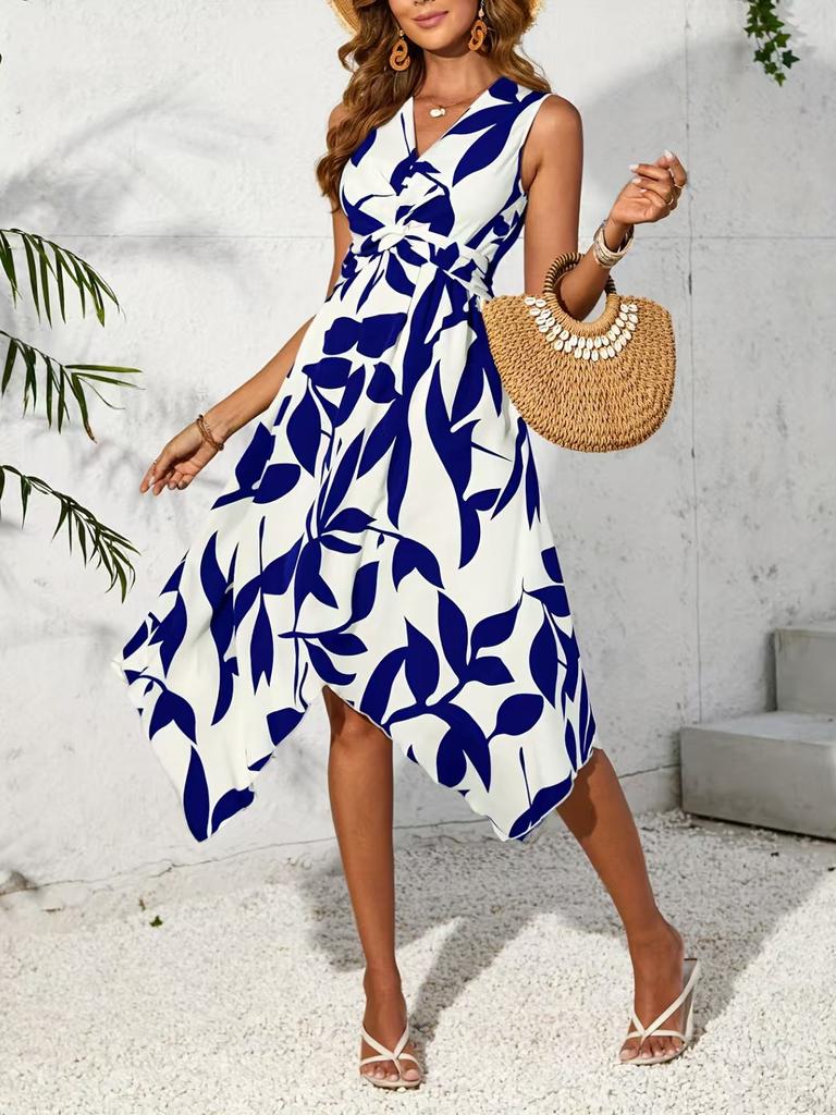 2026 new European and American women's clothing irregular kink dress spring and summer sleeveless printing waist fashion dress