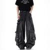 Unisex Deconstructed Ribbon Cargo Denim Jeans - Trendy Autumn Ripped Wide-Leg Multi-Pocket Style for High Street