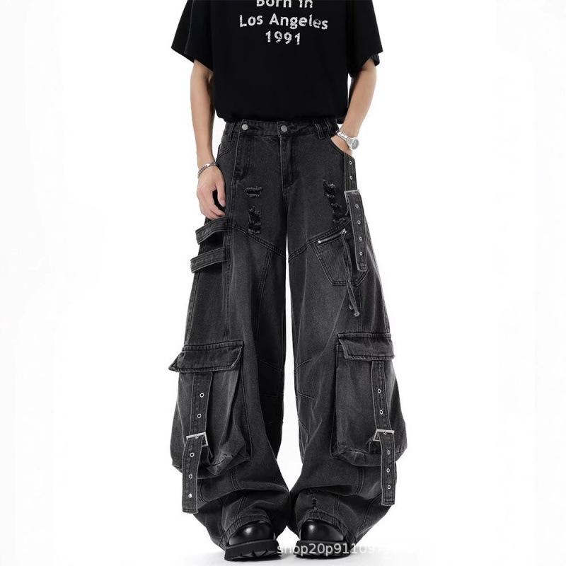 Unisex Deconstructed Ribbon Cargo Denim Jeans - Trendy Autumn Ripped Wide-Leg Multi-Pocket Style for High Street