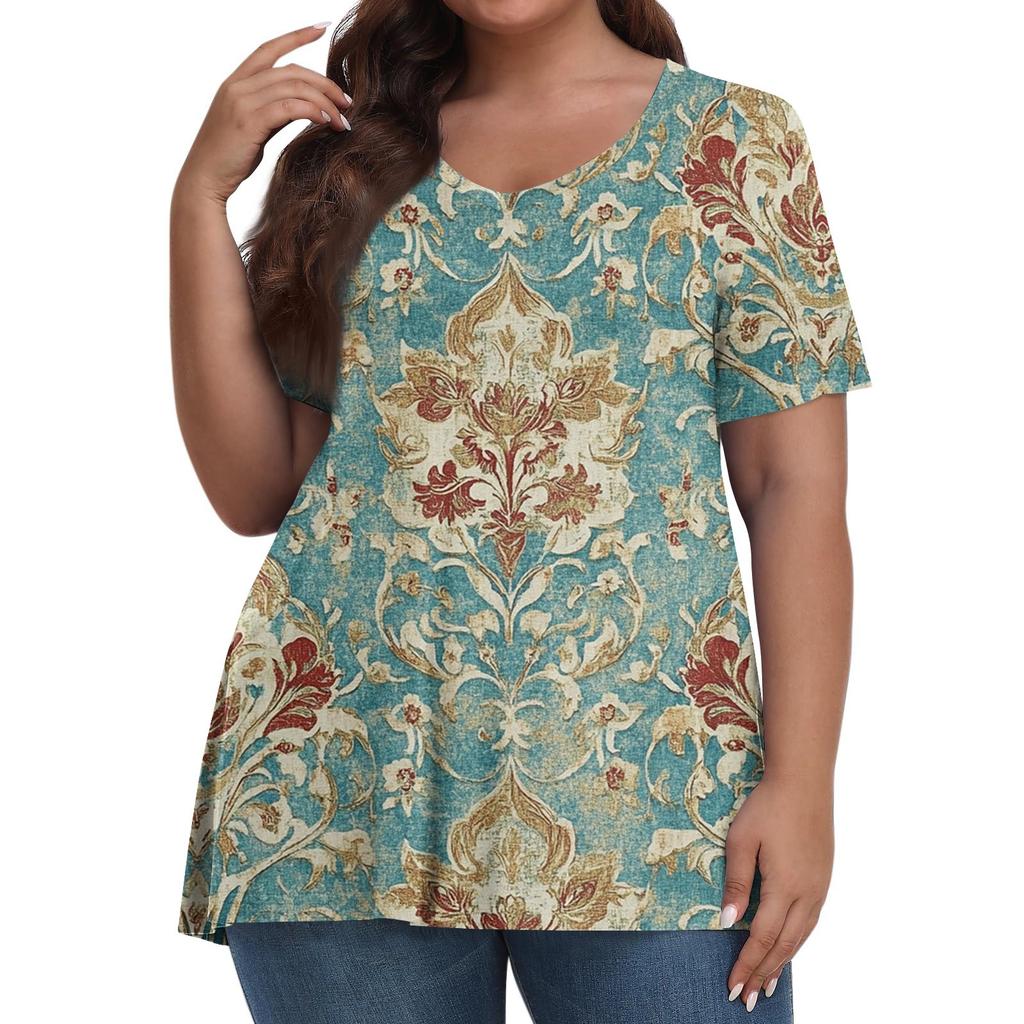 Women's Fashion Casual V-Neck Pullover Short Sleeve Large Size Vintage Printed Top