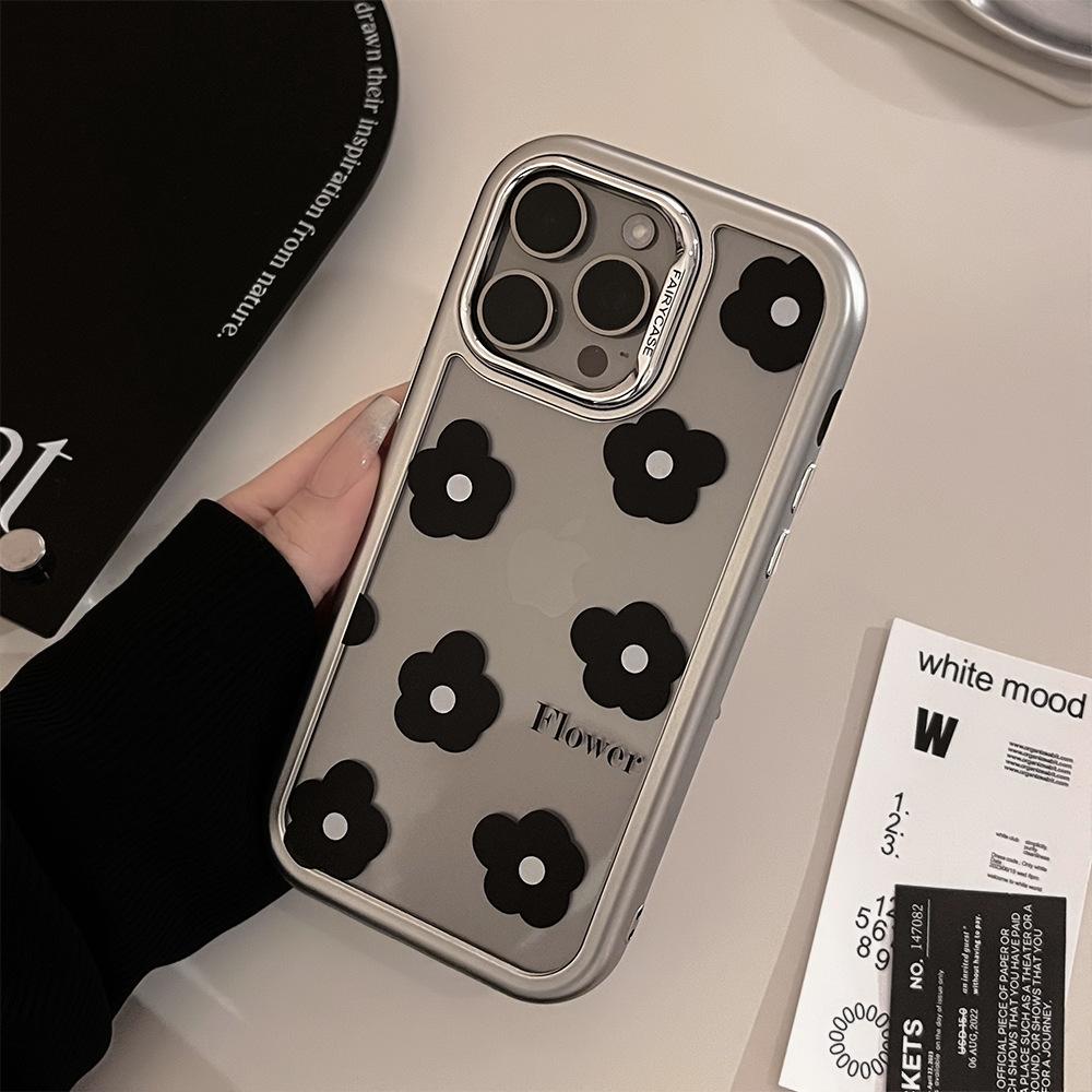 Black Flowers iPhone15Mobile Phone Shell for iphone14Acrylic13Suitable for Electroplating16promax Korean-style Simplicity