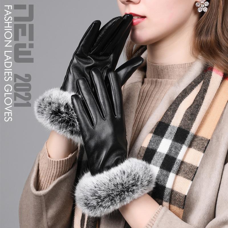 Leather Gloves for Women In Winter Touch Screen Plus Velvet Thickened Warm Real Rabbit Fur Thin Style Bike Riding Rabbit Fur Leather Gloves