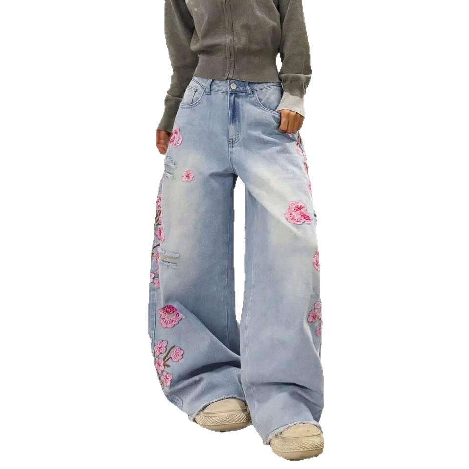 New Women's Straight Leg Embroidered Jeans - European & American Street Style, Non-Stretch, Hot Item