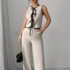 In stock, spring and summer new cross-border foreign trade European size women's contrasting color lace-up bow tie shirt beige wide-leg pants set