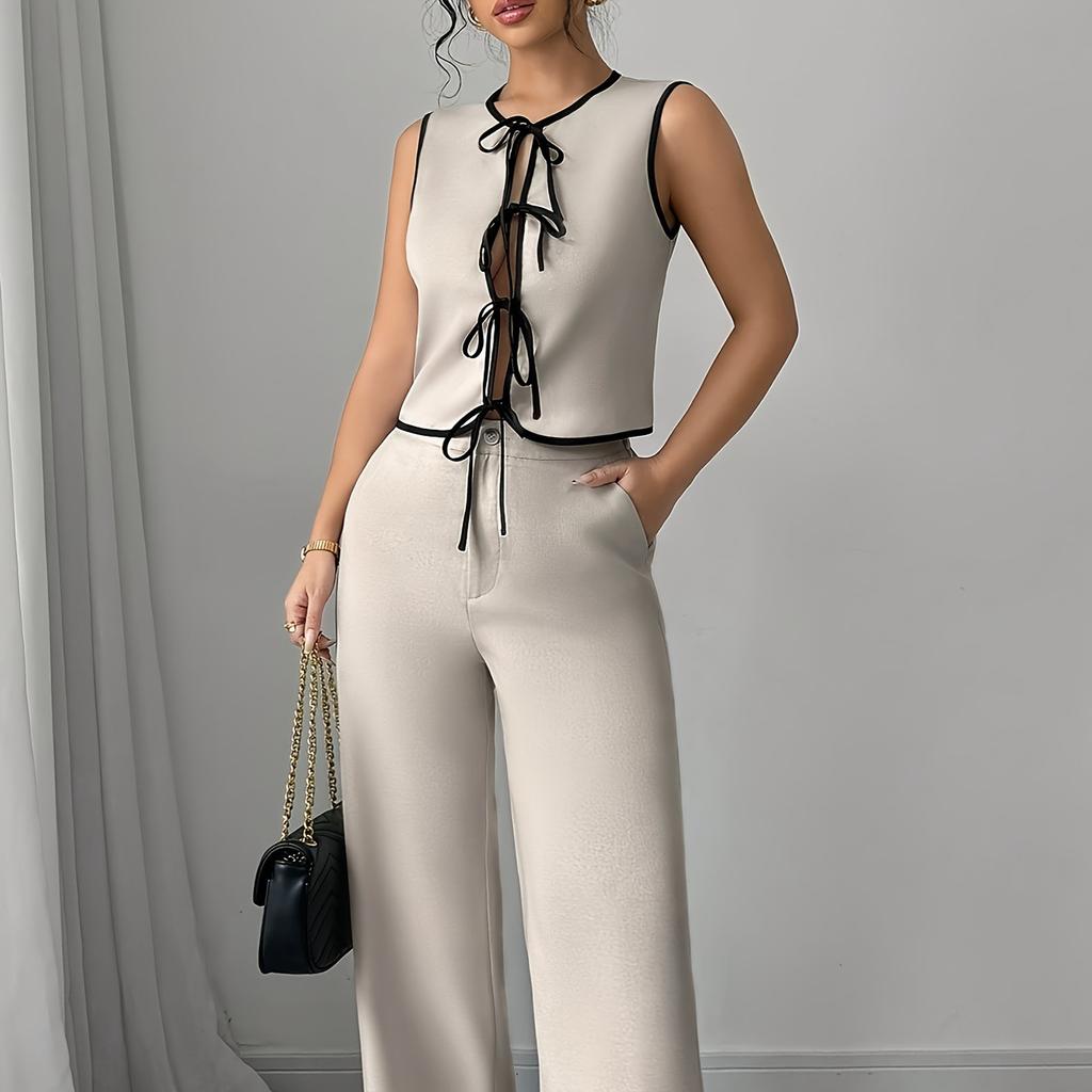 In stock, spring and summer new cross-border foreign trade European size women's contrasting color lace-up bow tie shirt beige wide-leg pants set