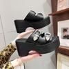 Fashion Sexy 9CM Thick Bottom Bow-shaped Women's Slippers Summer Platform Black Buckle Wedge Sandals Ladies Thick Casual Mules Sandalias