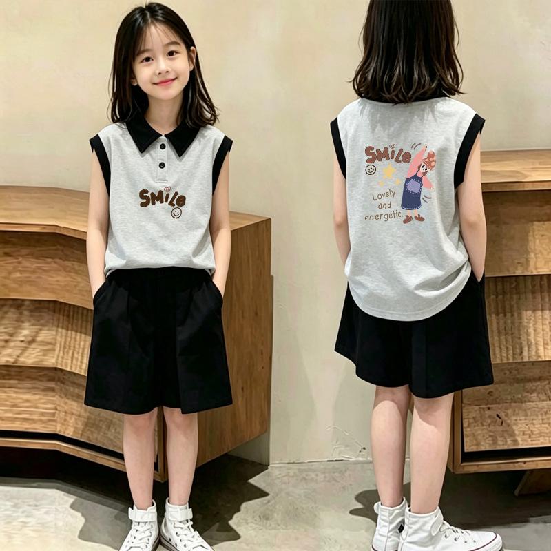 Girls' Trendy Color Block Sleeveless Polo Set - Casual Summer Two-Piece for Ages 6-12