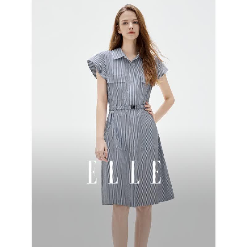 ELLE Women s Striped Flutter Sleeve Midi Dress L