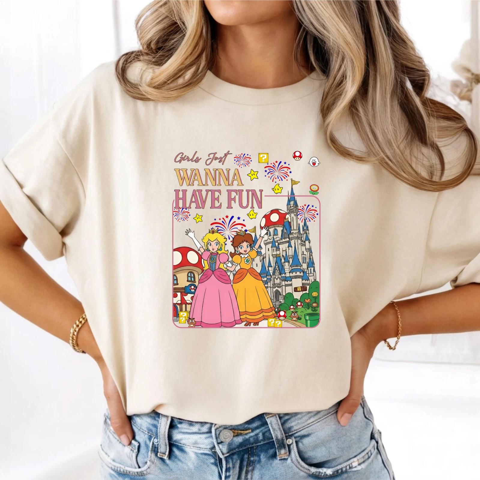 Girls Just Wanna Have Fun Shirt, Super Mario Princess Peach and Daisy Universal XL
