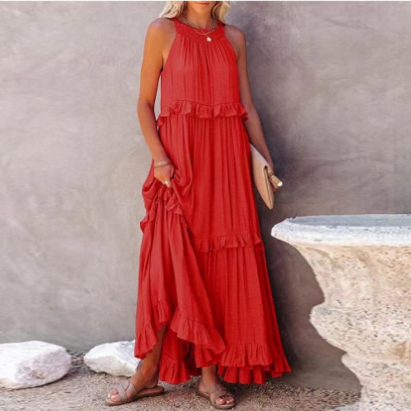 Sweet Ruffles Μακρύ Γυναικείο Φόρεμα 2023 Καλοκαιρινό μονόχρωμο Φόρεμα για Αμάνικα Φορέματα με στρογγυλό γιακά Διακοπών 26204