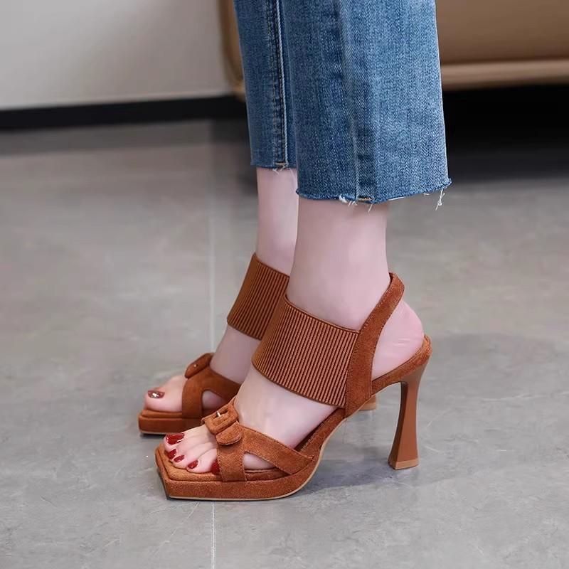 Summer new sandals square head platform open-toe buckle temperament versatile brown women's shoes stiletto high heels