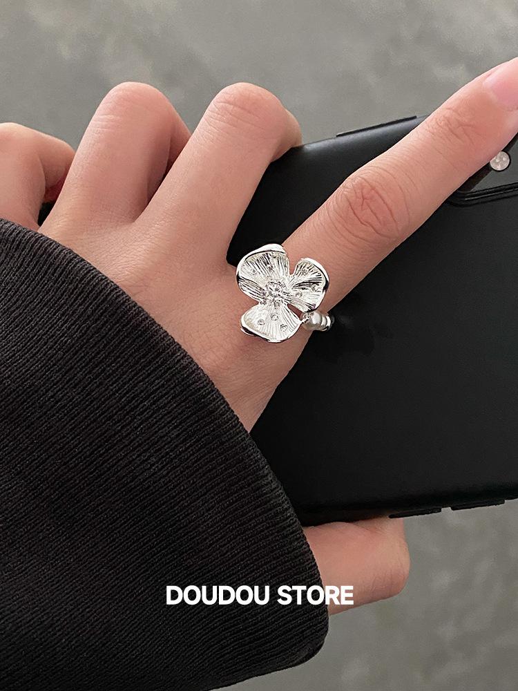 PANJBJ 925 Sterling Silver Flower Pearl Ring for Women Texture Liquid Lava Retro Personality Fashion Jewelry Gift Dropshipping