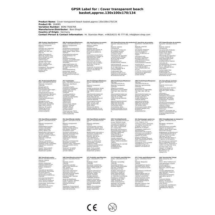 Housse de protection transparente pour fauteuil de plage, env. 130x100x170/134