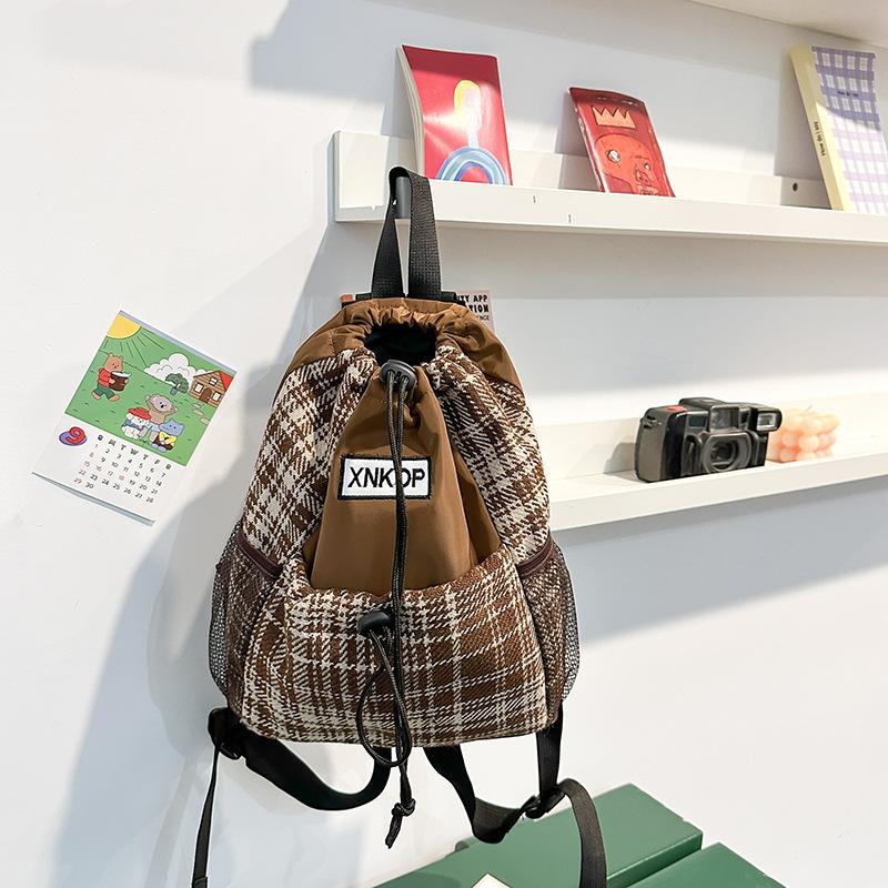 Woolen Plaid Drawstring Shoulder Bag Trendy Student Schoolbag Simple Personalized Backpack