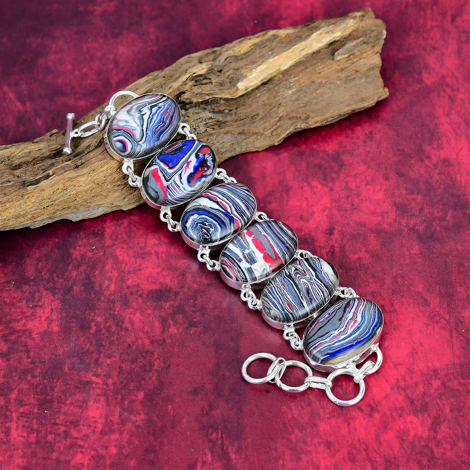 

Fordite 925 Solid Sterling Silver Bracelet with Adjustable Chain, Handmade Gemstone Jewelry Bracelet For Memorial Day