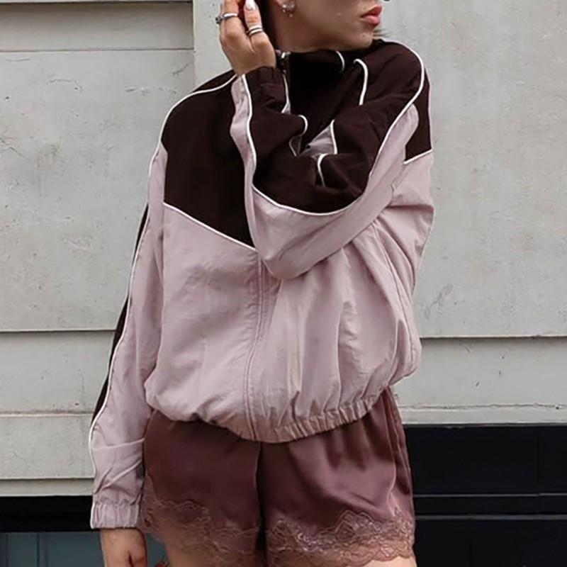 Womens Fall Thin Windproof High Neck Jacket Loose Fit Color Block Zip Bubble Sleeve Casual Coat
